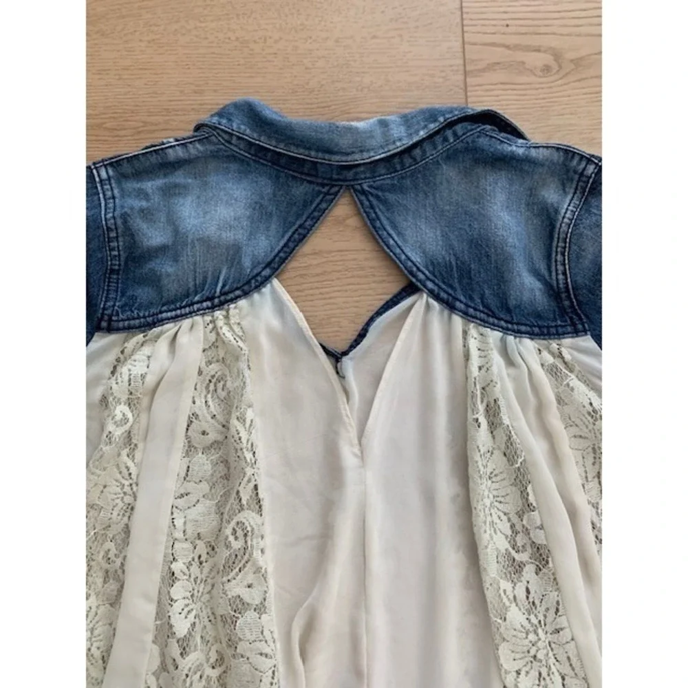 Free People Cream Lace Front Denim Contrast Top